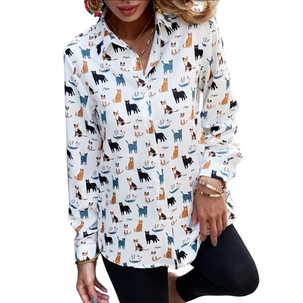 L.A. Soul Colorful Cat Print Button Down Shirt Tunic Top in White Size Small